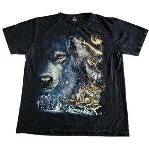 Vtg Caballo T Shirt Men L Black Wolf Pack Howling Two Sided Graphic Print Y2K 90